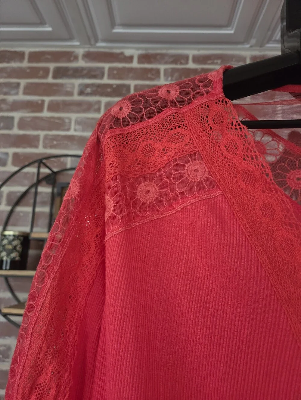 Free People Coral Pink Lace-Yoke Long Sleeve Blouse